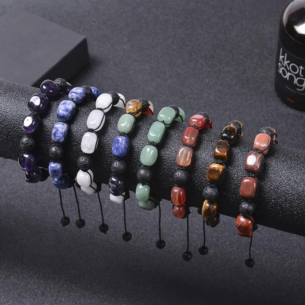 Unisex Red Agate Stone & Black Lava Rock Beaded Adjustable Braided Rope Bracelet - Picture 2 of 6